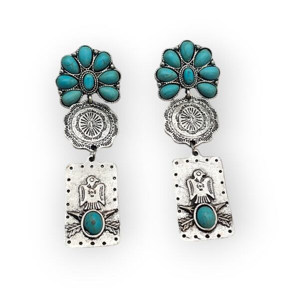 West & Co Turquoise Western Statement Earrings Silver Tone Dangle 3.5” - Picture 4 of 8